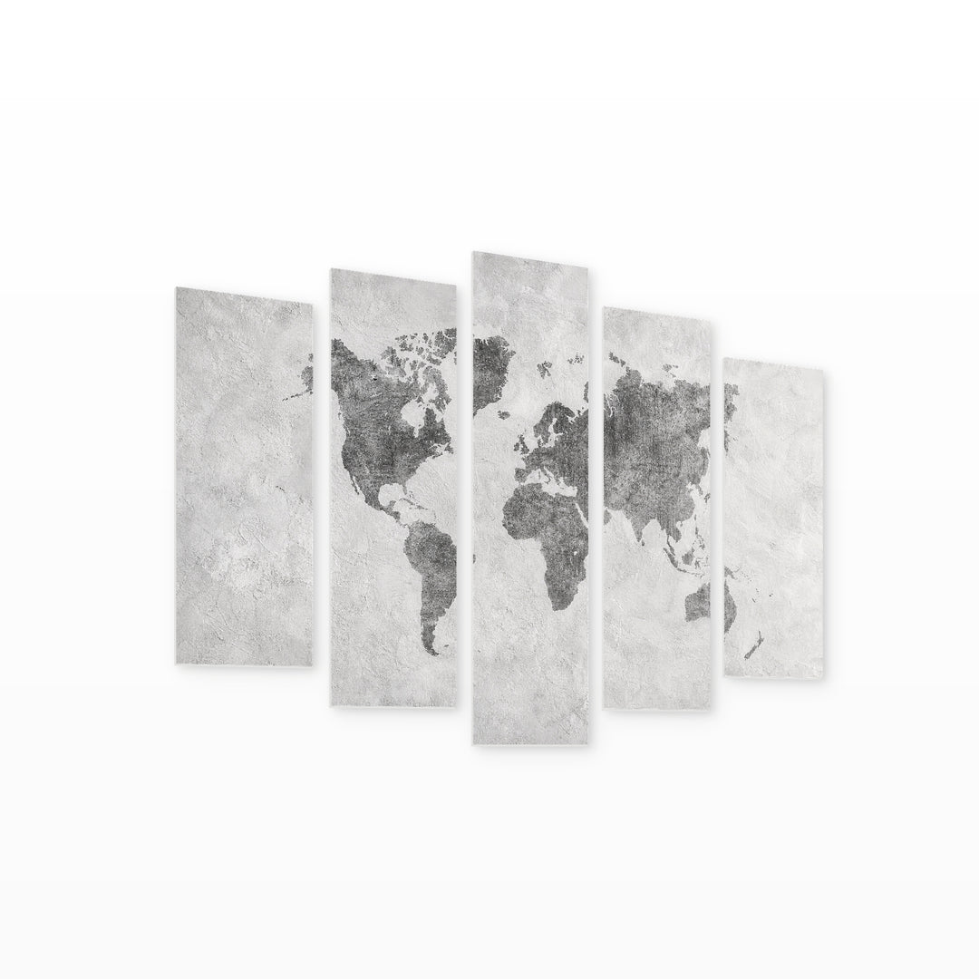 Black and White World Map in Serene Light — five-panel wall art on white background in perspective | 5wallart 54669 M1