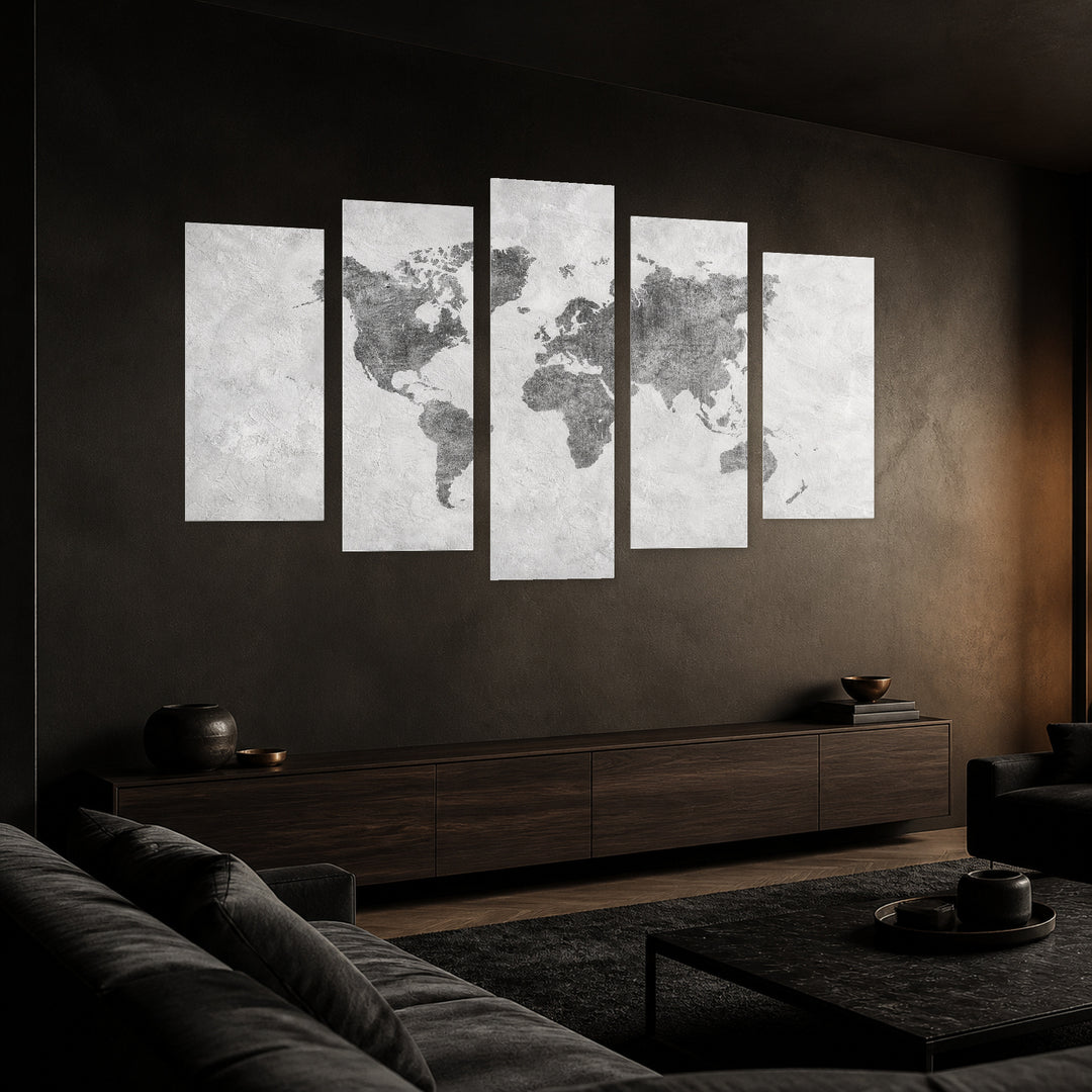 Black and White World Map in Serene Light — five-panel wall art in perspective interior | 5wallart 54669 M2