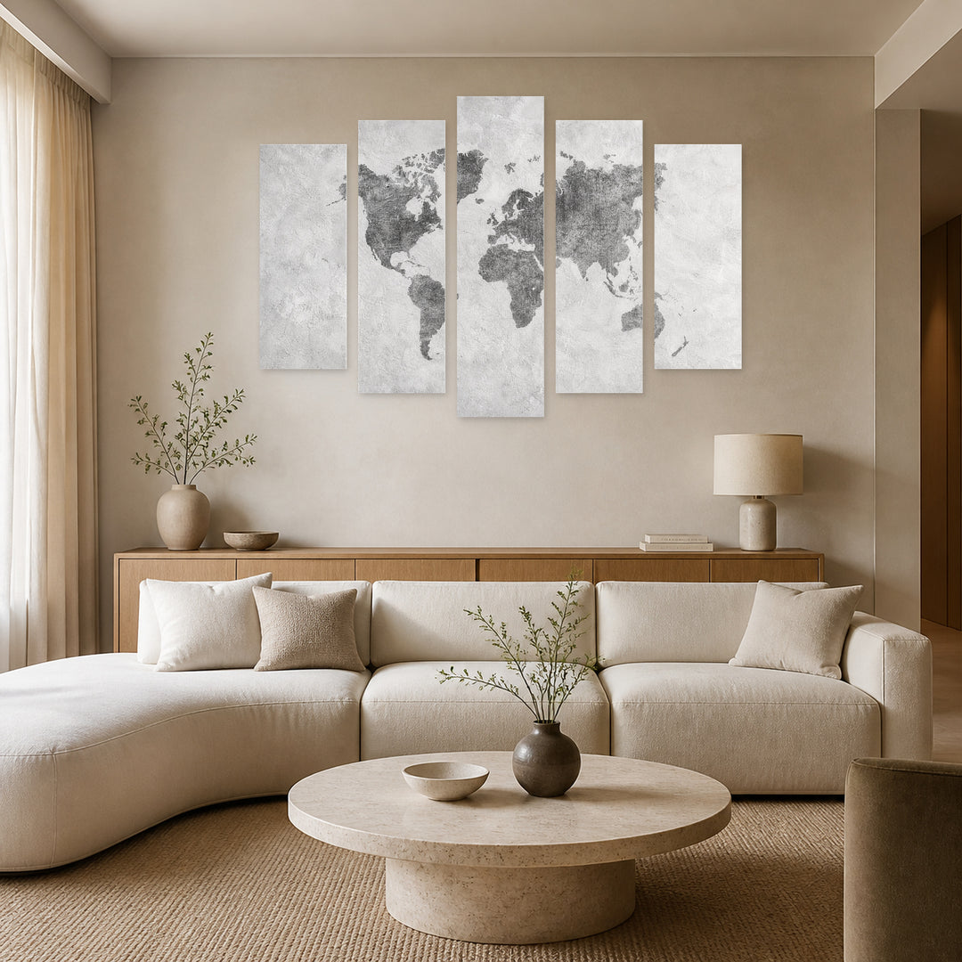 Black and White World Map in Serene Light — five-panel wall art in frontal interior | 5wallart 54669 M3