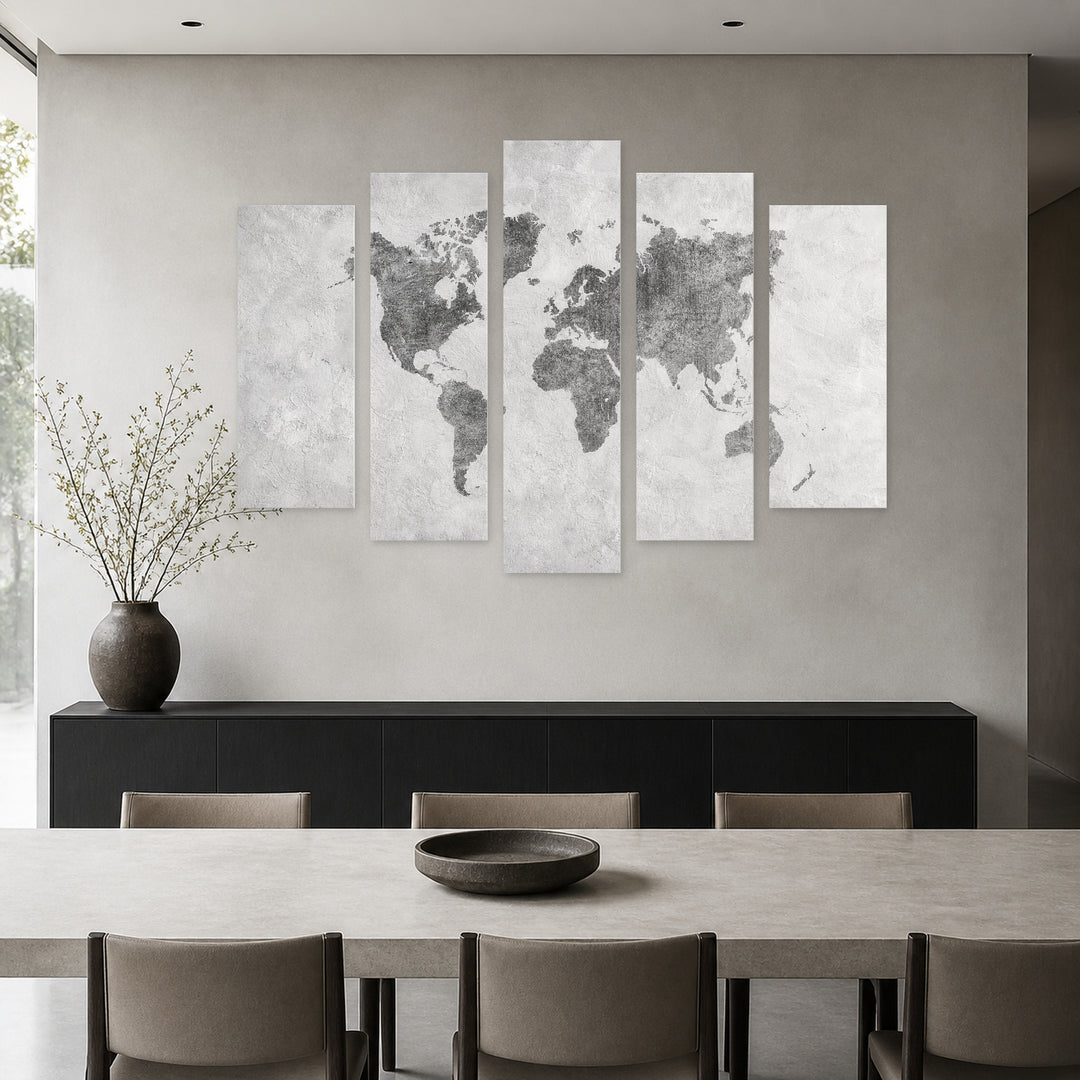Black and White World Map in Serene Light — five-panel wall art in alternate frontal interior | 5wallart 54669 M4