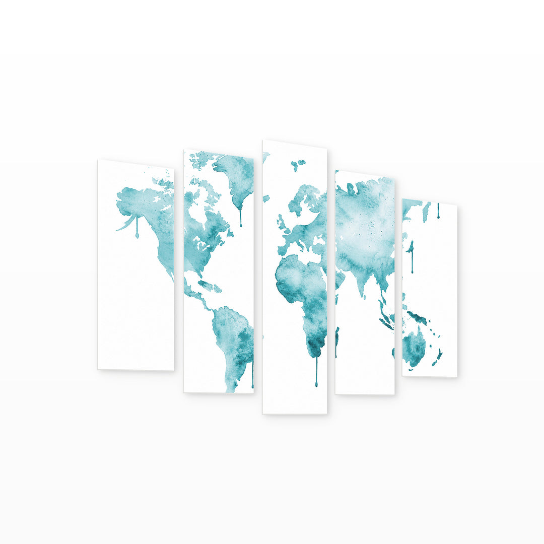 World Map in Aquamarine in Serene Light — five-panel wall art on white background in perspective | 5wallart 54670 M1