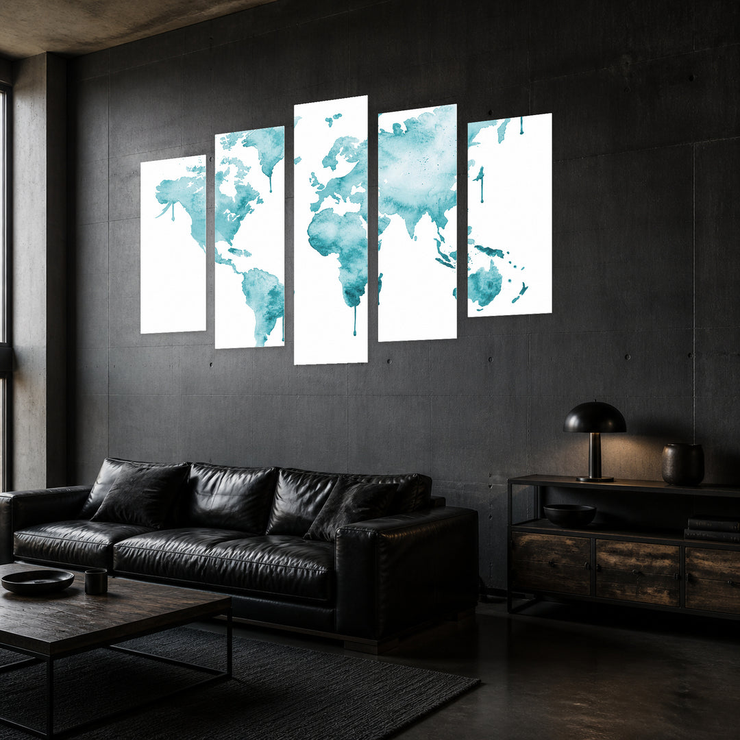 World Map in Aquamarine in Serene Light — five-panel wall art in perspective interior | 5wallart 54670 M2