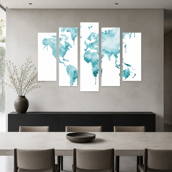 World Map in Aquamarine in Serene Light — five-panel wall art in frontal interior | 5wallart 54670 M3