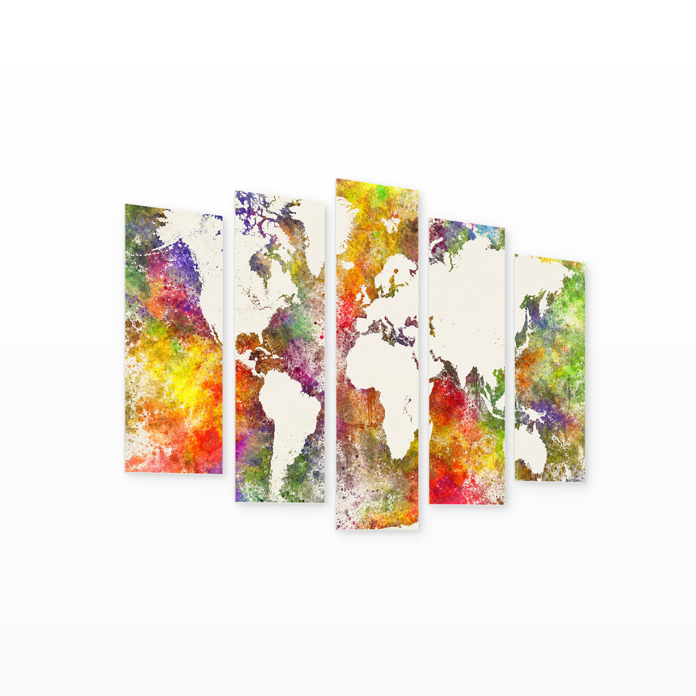 World Map on an Abstract with Dreamlike Atmosphere — five-panel wall art on white background in perspective | 5wallart 54671 M1