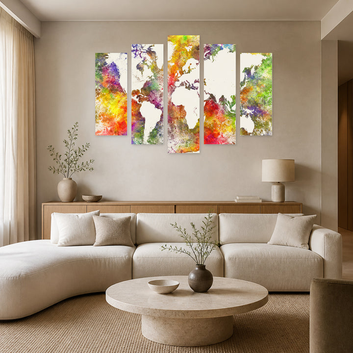 World Map on an Abstract with Dreamlike Atmosphere — five-panel wall art in frontal interior | 5wallart 54671 M3