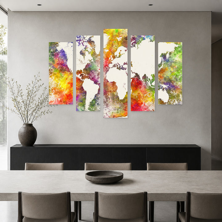 World Map on an Abstract with Dreamlike Atmosphere — five-panel wall art in alternate frontal interior | 5wallart 54671 M4