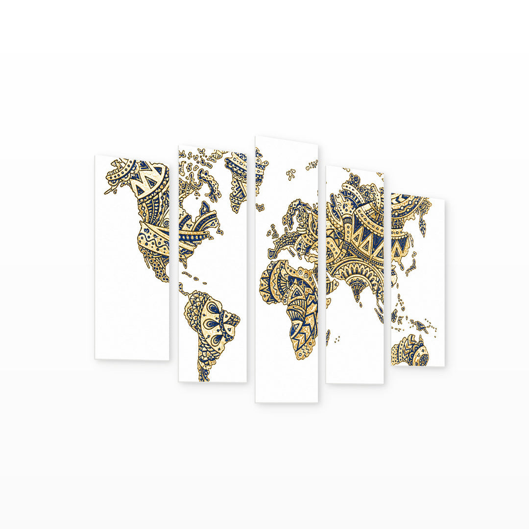 Ethnic Pattern World Map in Blue and Gold — five-panel wall art on white background in perspective | 5wallart 54672 M1