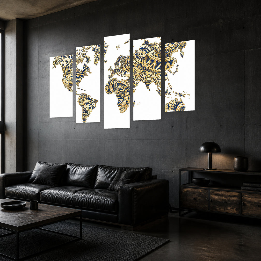 Ethnic Pattern World Map in Blue and Gold — five-panel wall art in perspective interior | 5wallart 54672 M2
