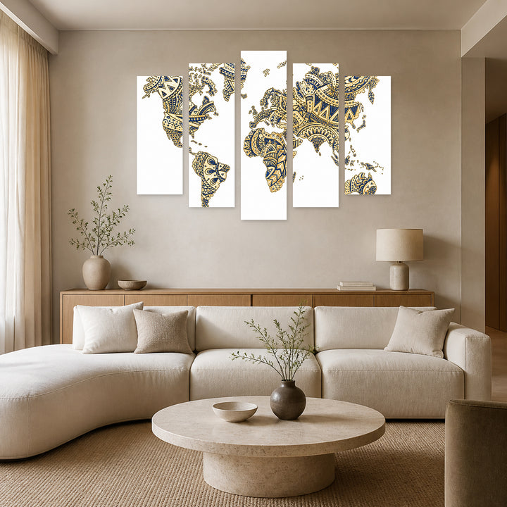 Ethnic Pattern World Map in Blue and Gold — five-panel wall art in alternate frontal interior | 5wallart 54672 M4