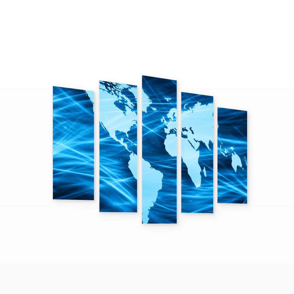World Map on a Technological Background at Night — five-panel wall art on white background in perspective | 5wallart 54673 M1