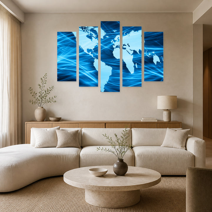 World Map on a Technological Background at Night — five-panel wall art in frontal interior | 5wallart 54673 M3