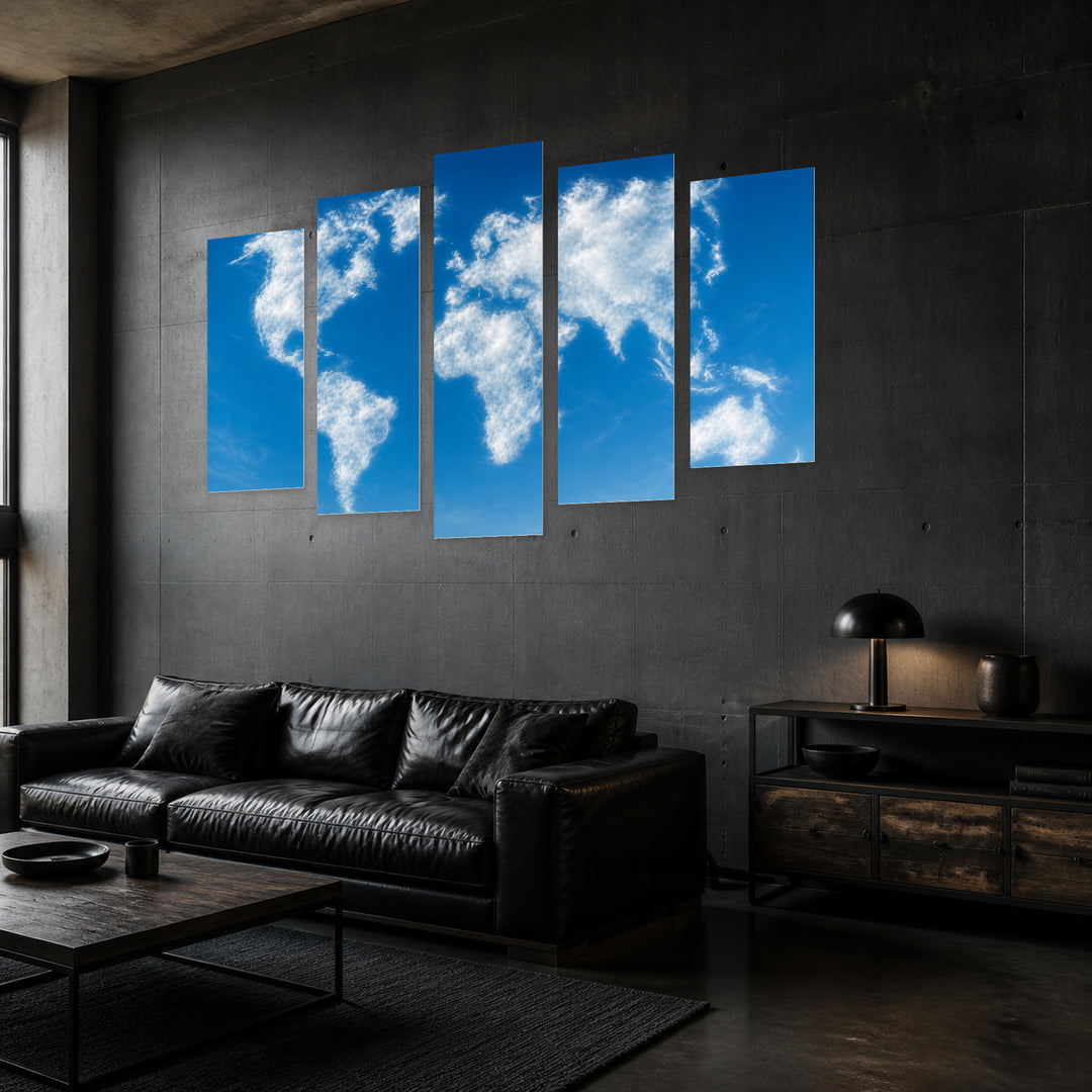 Cloud World Map with Dreamlike Atmosphere — five-panel wall art in perspective interior | 5wallart 54674 M2
