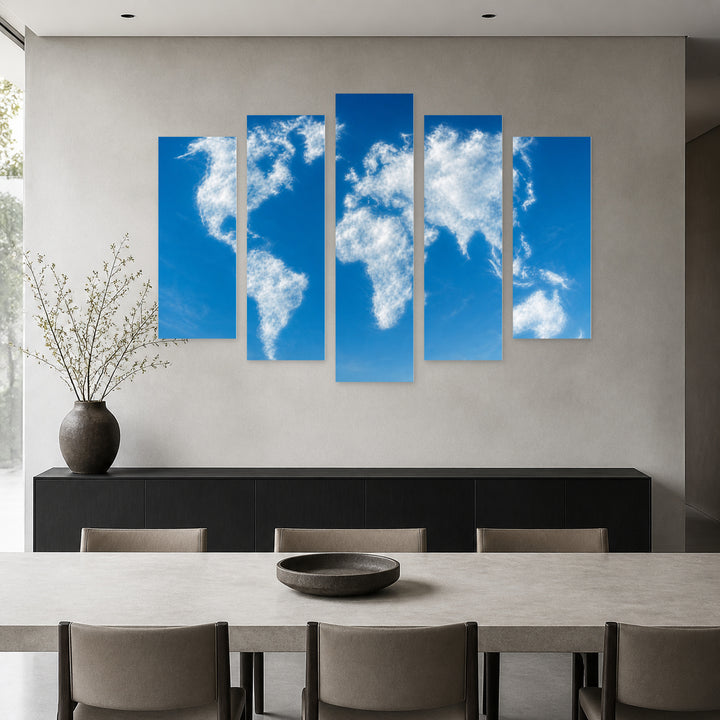 Cloud World Map with Dreamlike Atmosphere — five-panel wall art in frontal interior | 5wallart 54674 M3