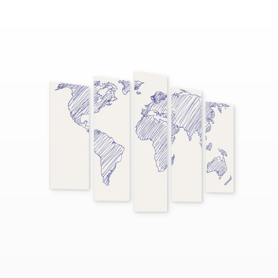 World Map Blueprint with Geometric Rhythm — five-panel wall art on white background in perspective | 5wallart 54675 M1