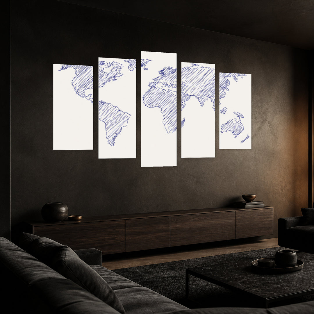 World Map Blueprint with Geometric Rhythm — five-panel wall art in perspective interior | 5wallart 54675 M2