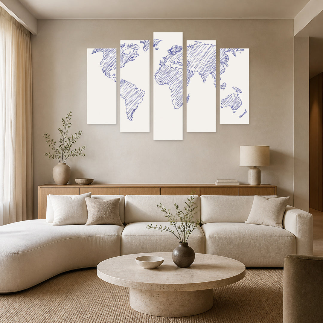 World Map Blueprint with Geometric Rhythm — five-panel wall art in frontal interior | 5wallart 54675 M3