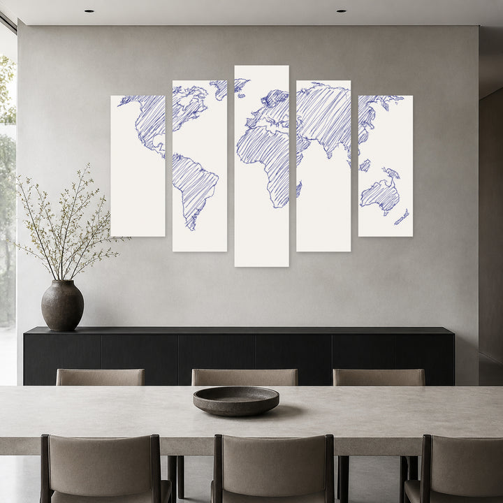 World Map Blueprint with Geometric Rhythm — five-panel wall art in alternate frontal interior | 5wallart 54675 M4