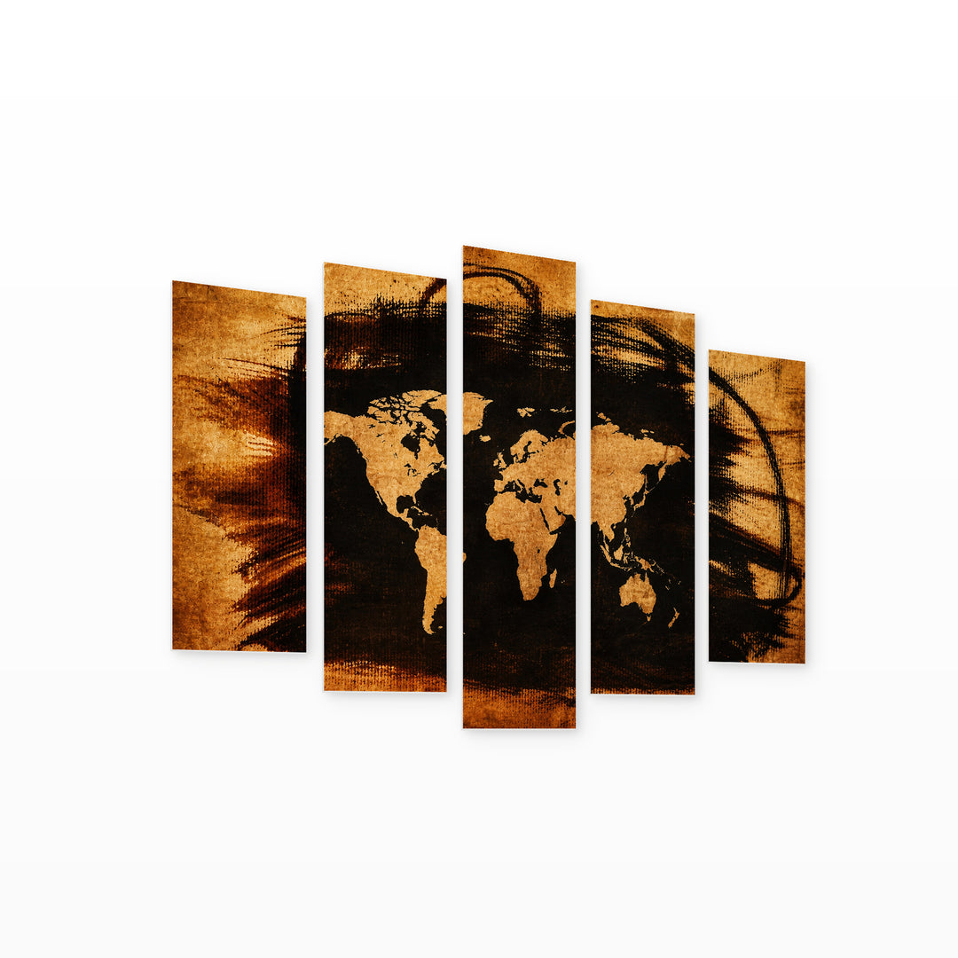 World Map on Old Paper Vintage Study — five-panel wall art on white background in perspective | 5wallart 54676 M1