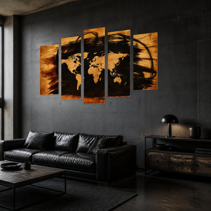 World Map on Old Paper Vintage Study — five-panel wall art in perspective interior | 5wallart 54676 M2