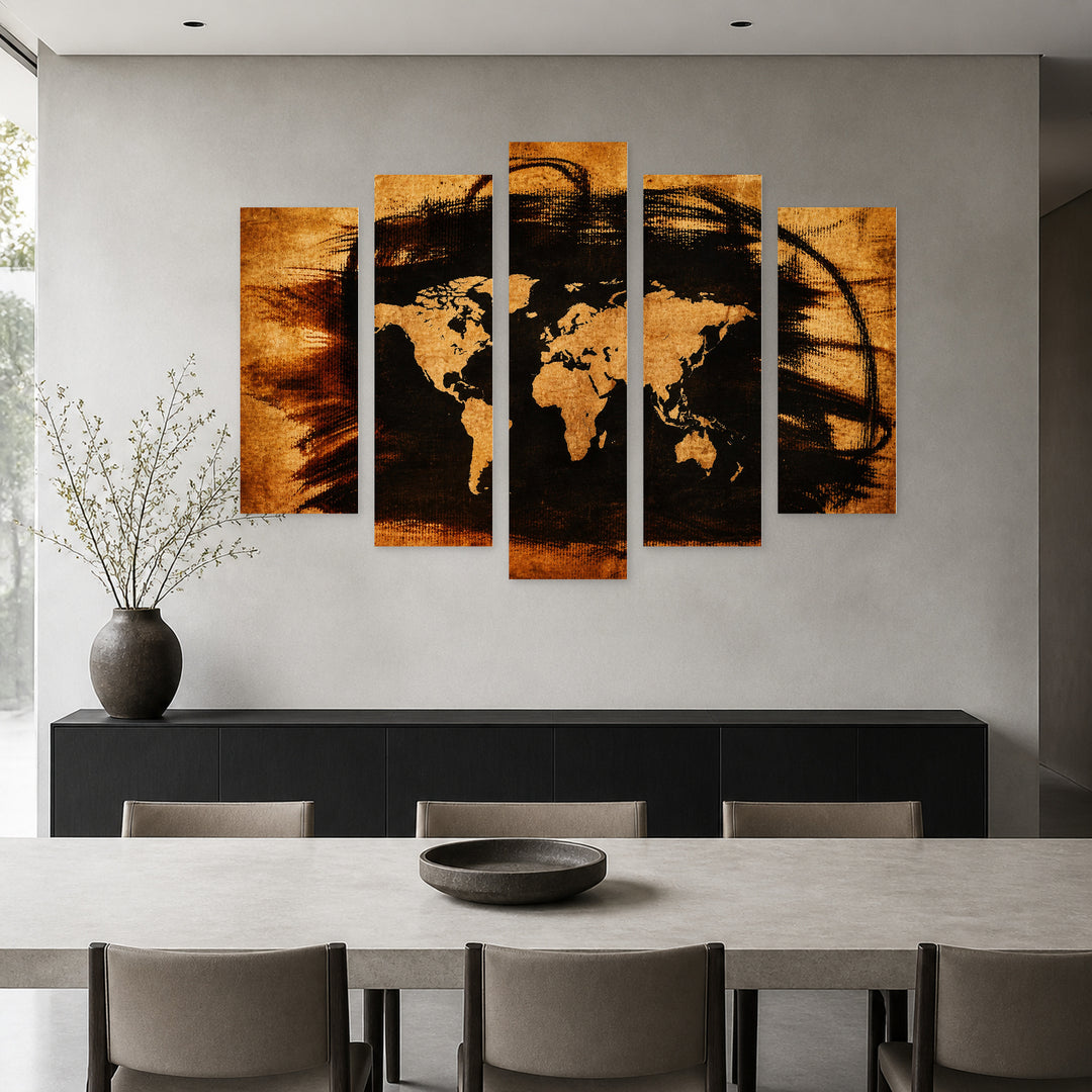 World Map on Old Paper Vintage Study — five-panel wall art in frontal interior | 5wallart 54676 M3