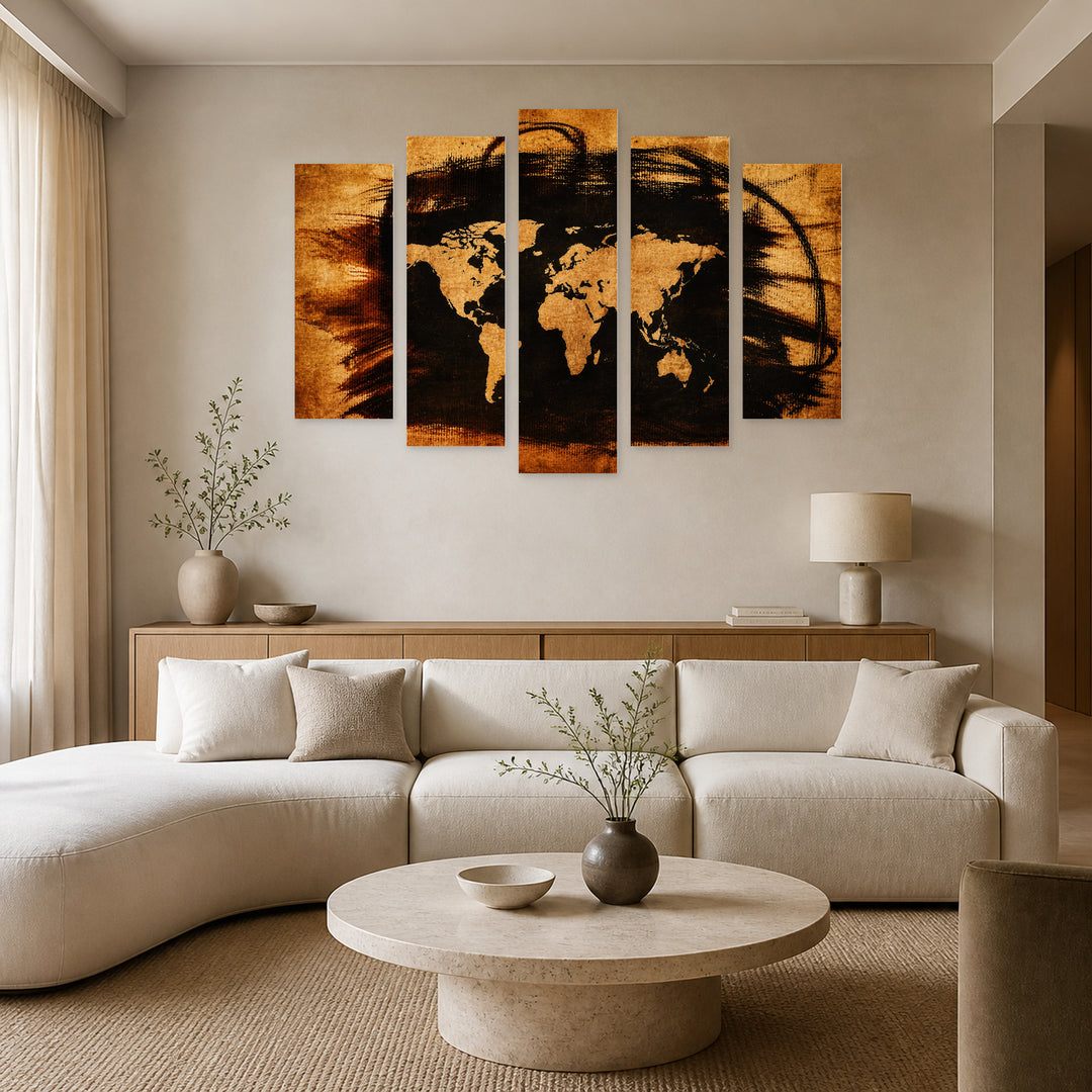 World Map on Old Paper Vintage Study — five-panel wall art in alternate frontal interior | 5wallart 54676 M4