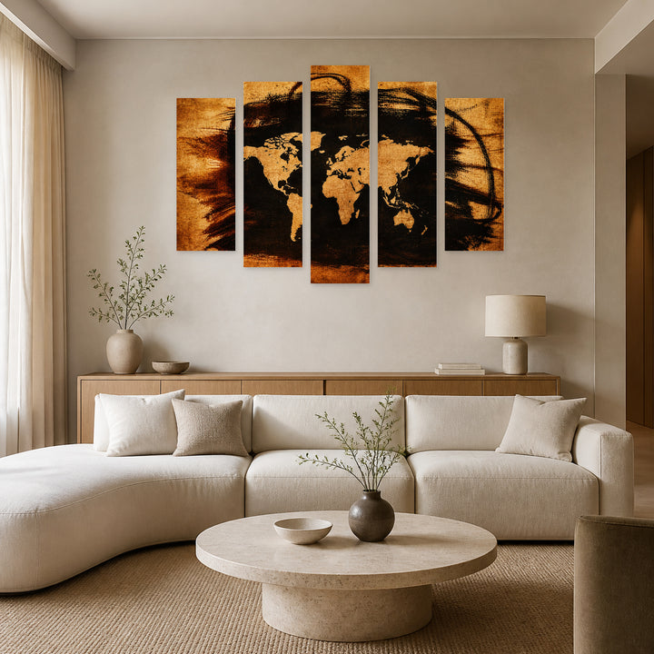 World Map on Old Paper Vintage Study — five-panel wall art in alternate frontal interior | 5wallart 54676 M4