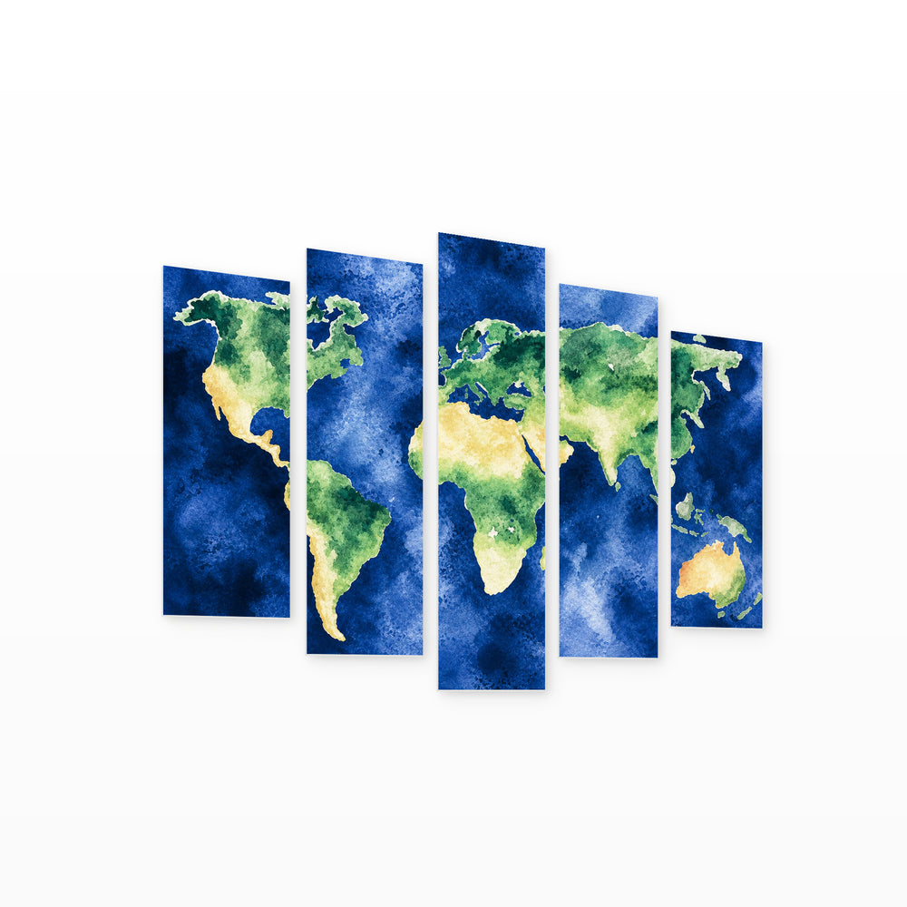 Watercolor World Map in Serene Light — five-panel wall art on white background in perspective | 5wallart 54677 M1