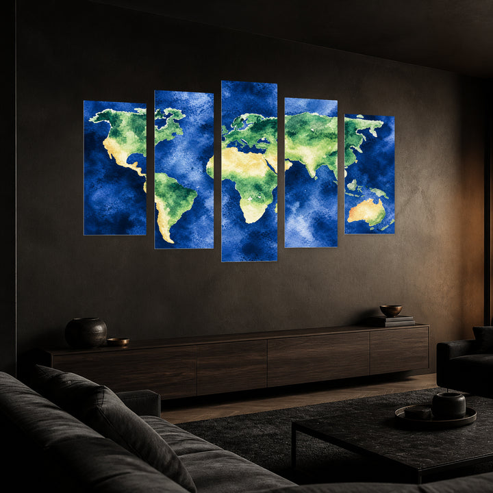 Watercolor World Map in Serene Light — five-panel wall art in perspective interior | 5wallart 54677 M2
