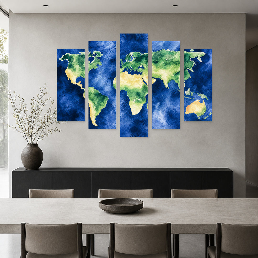 Watercolor World Map in Serene Light — five-panel wall art in alternate frontal interior | 5wallart 54677 M4