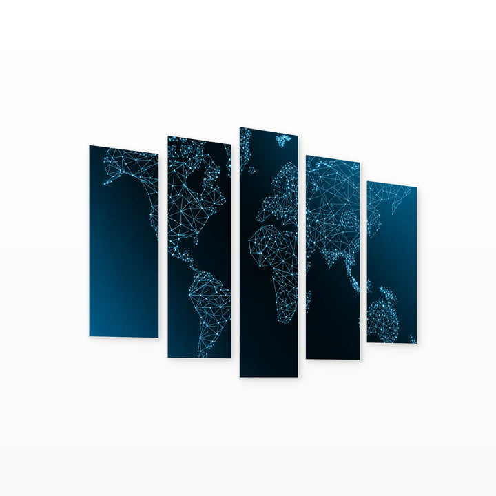 World Map on a Technological Background at II — five-panel wall art on white background in perspective | 5wallart 54678 M1