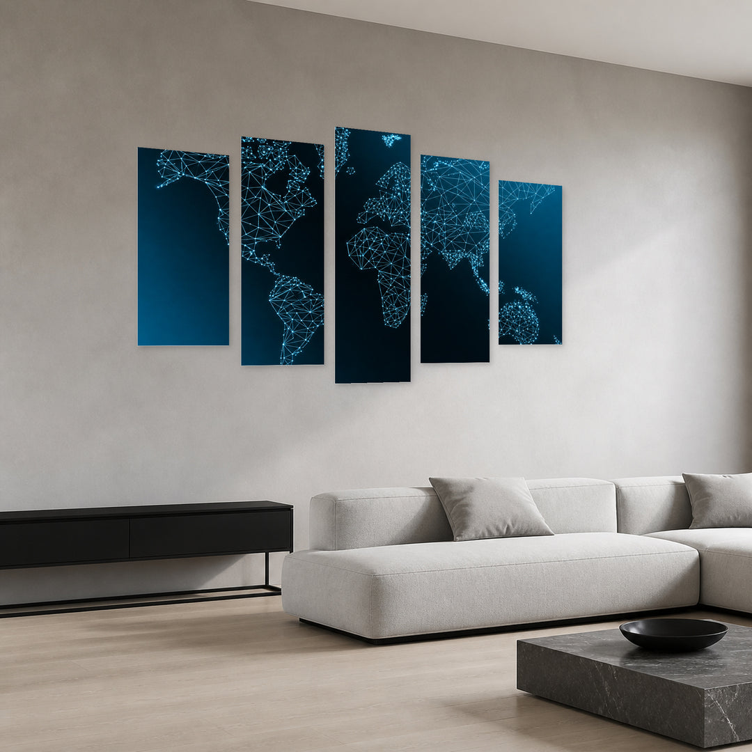 World Map on a Technological Background at II — five-panel wall art in perspective interior | 5wallart 54678 M2