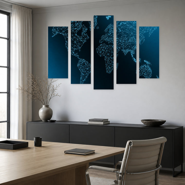 World Map on a Technological Background at II — five-panel wall art in frontal interior | 5wallart 54678 M3