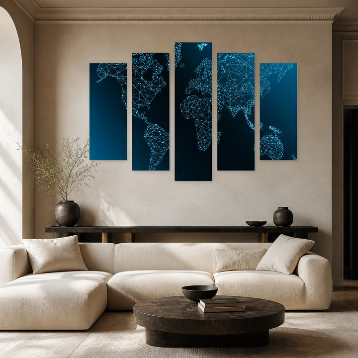 World Map on a Technological Background at II — five-panel wall art in alternate frontal interior | 5wallart 54678 M4