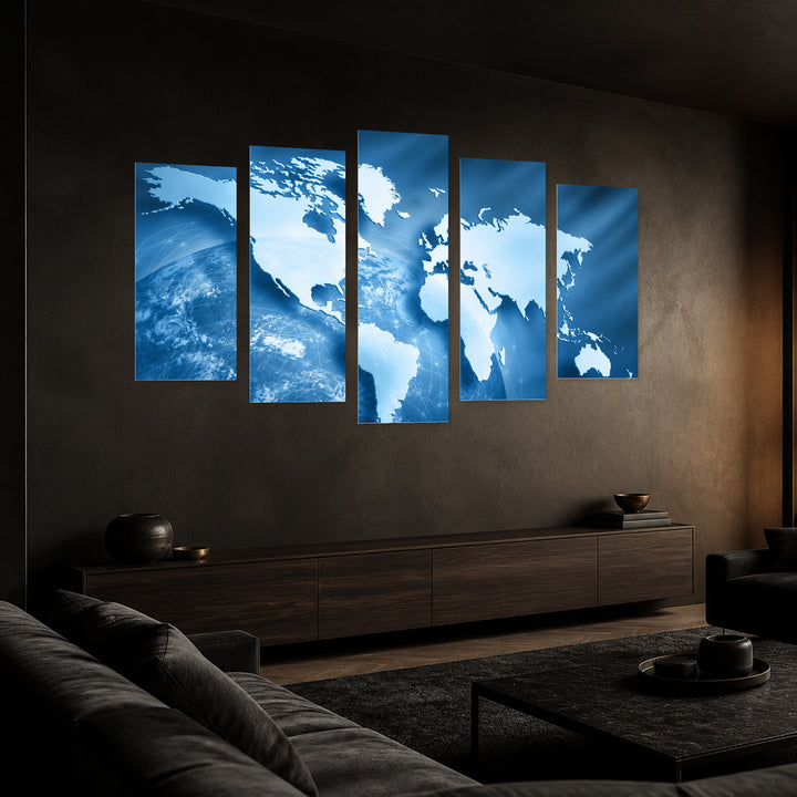 World Map Vintage Study — five-panel wall art in perspective interior | 5wallart 54679 M2