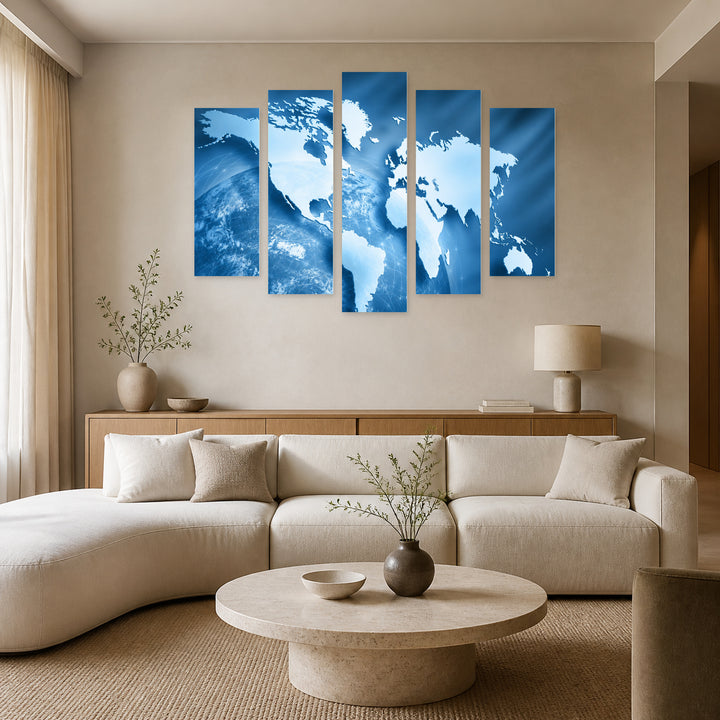 World Map Vintage Study — five-panel wall art in frontal interior | 5wallart 54679 M3