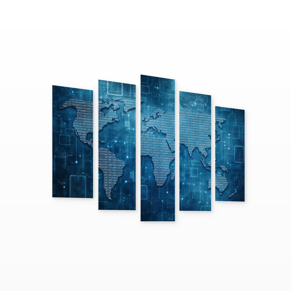 World Map Made of Binary Numbers Vintage Study — five-panel wall art on white background in perspective | 5wallart 54680 M1