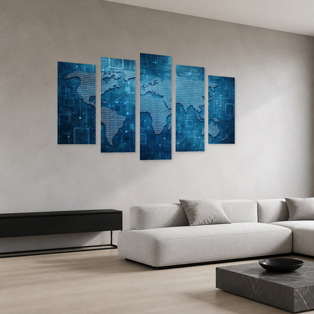 World Map Made of Binary Numbers Vintage Study — five-panel wall art in perspective interior | 5wallart 54680 M2