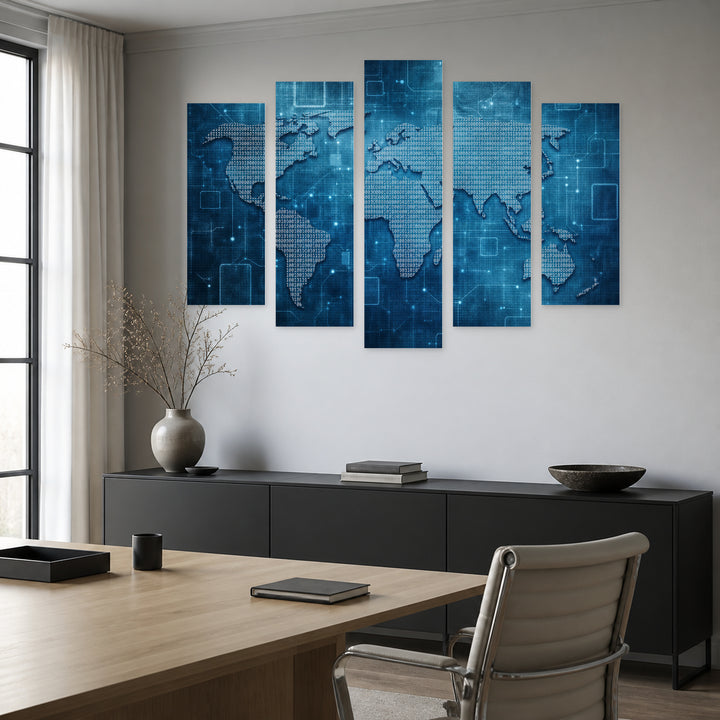 World Map Made of Binary Numbers Vintage Study — five-panel wall art in frontal interior | 5wallart 54680 M3