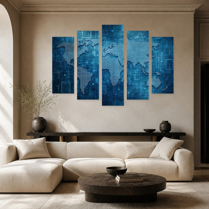 World Map Made of Binary Numbers Vintage Study — five-panel wall art in alternate frontal interior | 5wallart 54680 M4