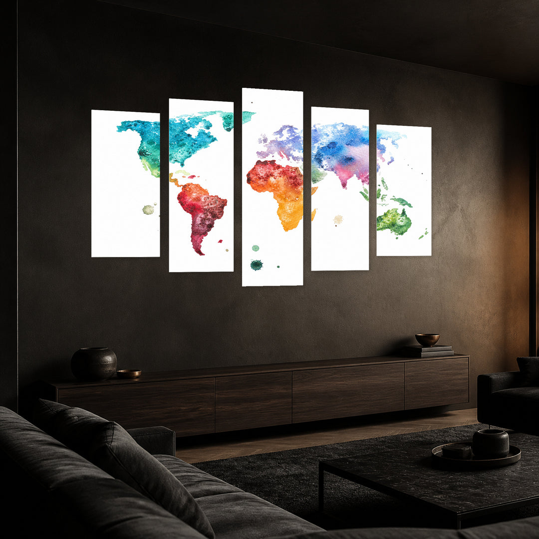 Hand-painted Watercolor World Map with Dreamlike Atmosphere — five-panel wall art in perspective interior | 5wallart 54681 M2