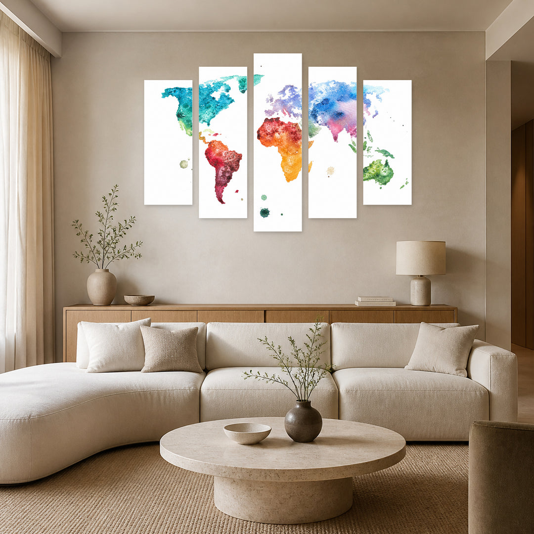 Hand-painted Watercolor World Map with Dreamlike Atmosphere — five-panel wall art in frontal interior | 5wallart 54681 M3