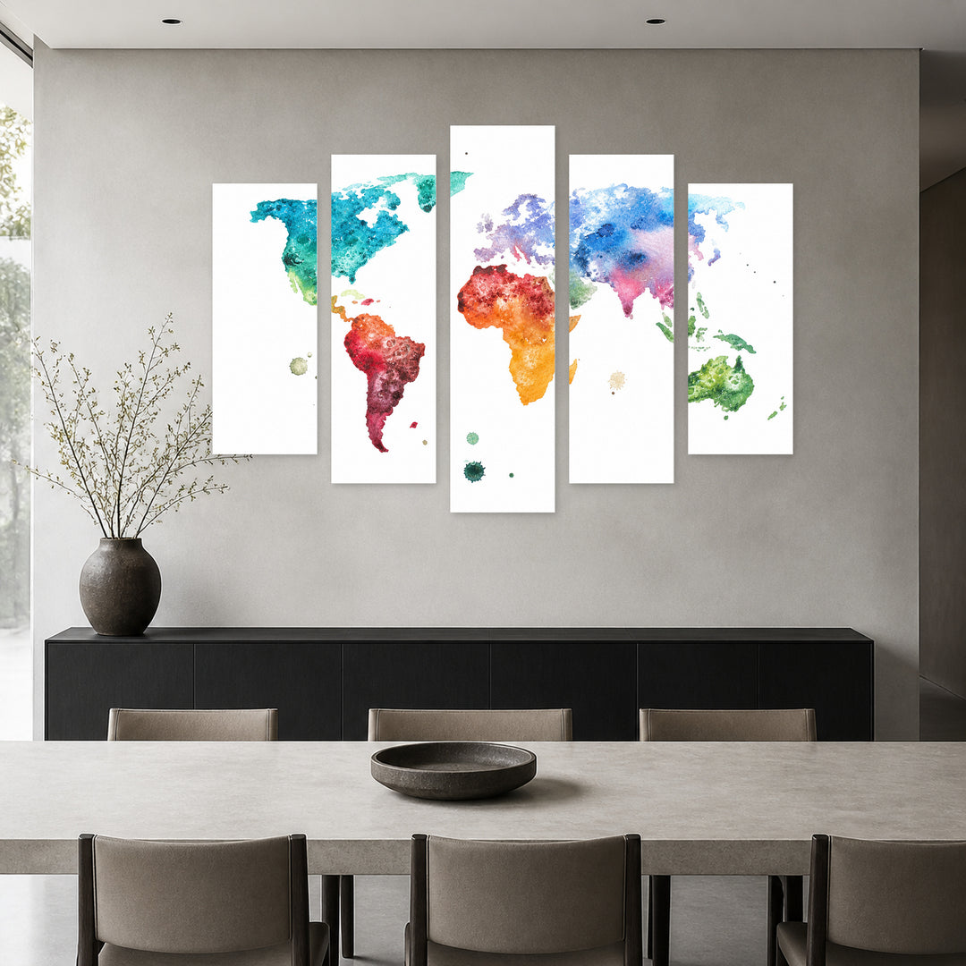 Hand-painted Watercolor World Map with Dreamlike Atmosphere — five-panel wall art in alternate frontal interior | 5wallart 54681 M4