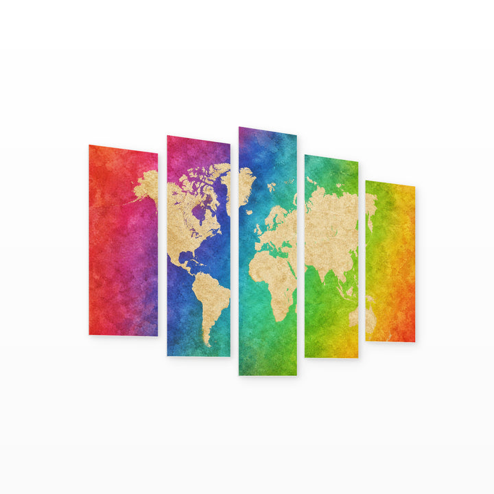 World Map on a Colorful Background Vintage Study — five-panel wall art on white background in perspective | 5wallart 54682 M1