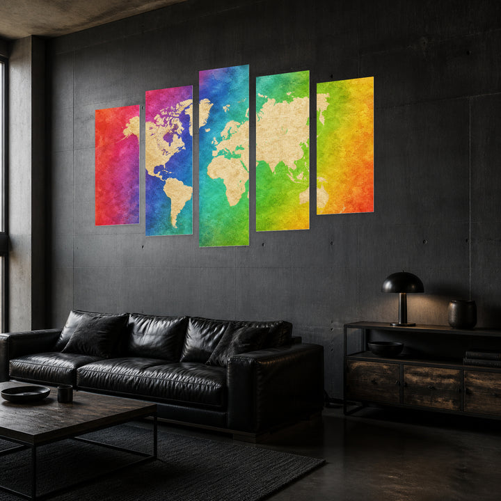 World Map on a Colorful Background Vintage Study — five-panel wall art in perspective interior | 5wallart 54682 M2