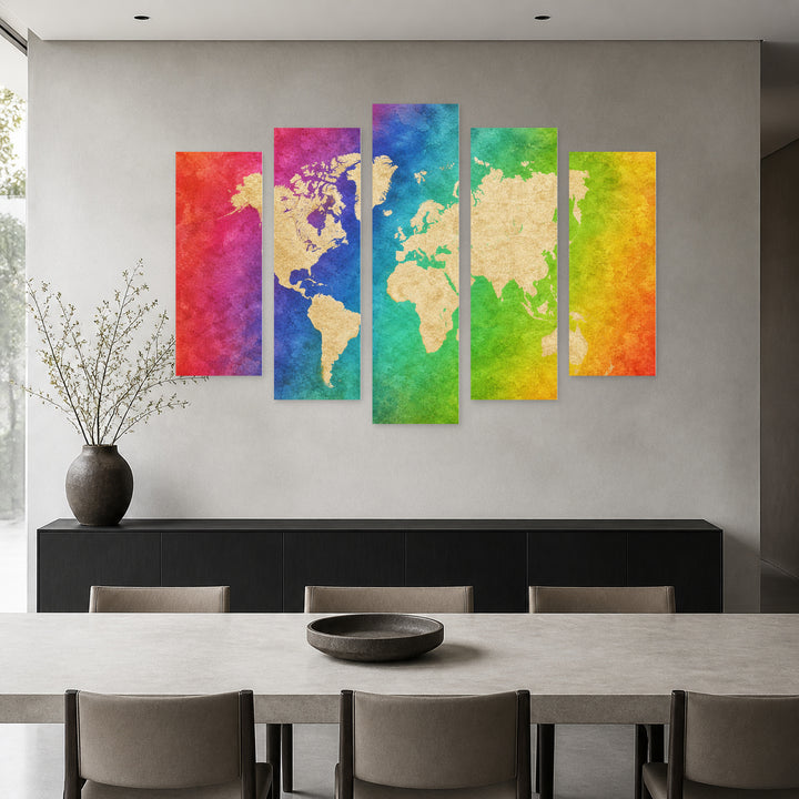 World Map on a Colorful Background Vintage Study — five-panel wall art in frontal interior | 5wallart 54682 M3