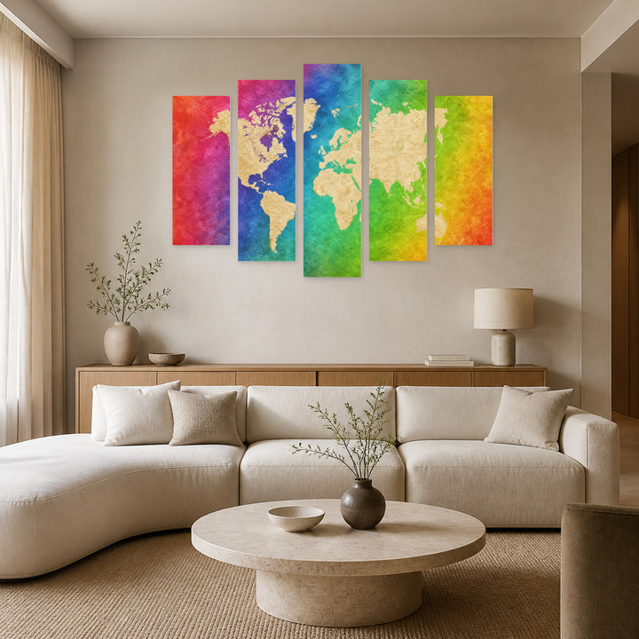 World Map on a Colorful Background Vintage Study — five-panel wall art in alternate frontal interior | 5wallart 54682 M4