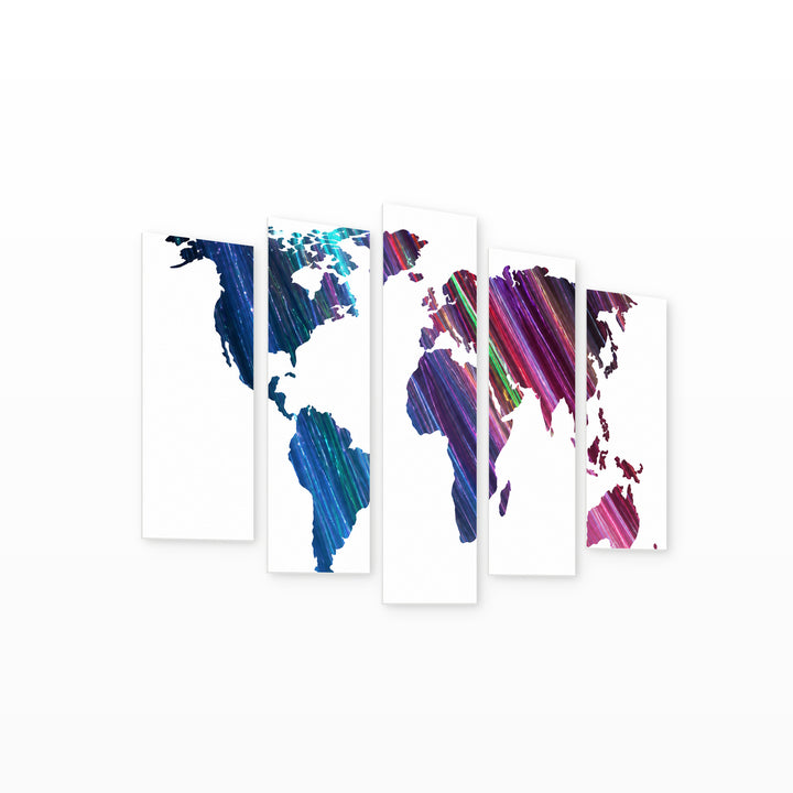 World Map with Abstract Lights at Night — five-panel wall art on white background in perspective | 5wallart 54683 M1