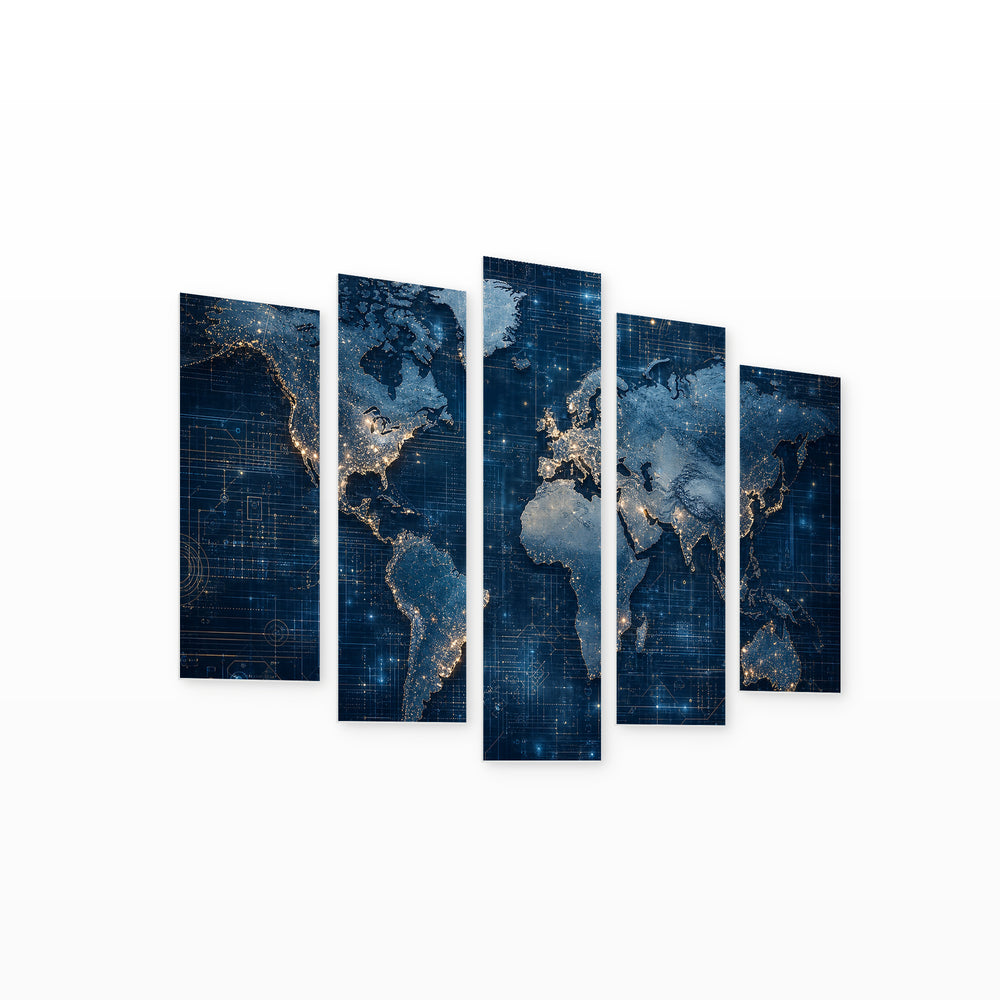 Continents Map on a Technological Background at Night — five-panel wall art on white background in perspective | 5wallart 54684 M1