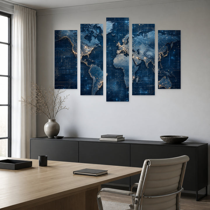 Continents Map on a Technological Background at Night — five-panel wall art in frontal interior | 5wallart 54684 M3