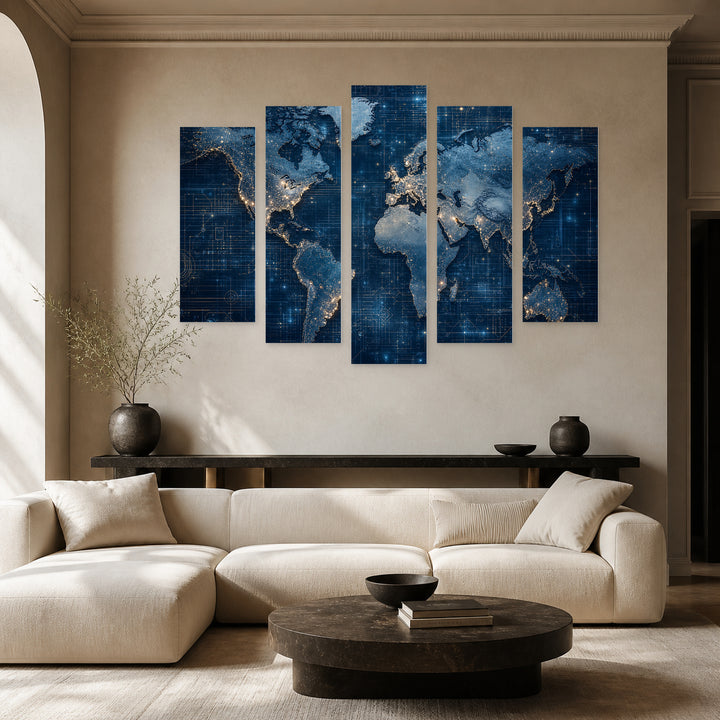 Continents Map on a Technological Background at Night — five-panel wall art in alternate frontal interior | 5wallart 54684 M4